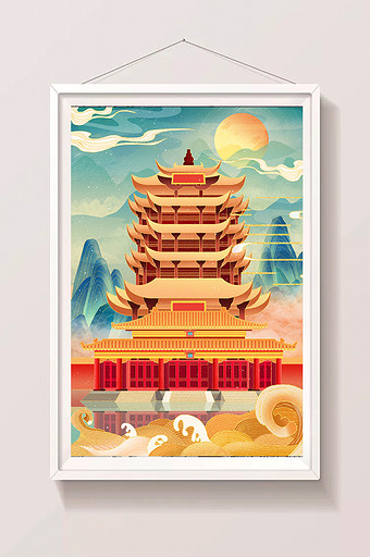 中国风国潮山水建筑黄鹤楼插画图片