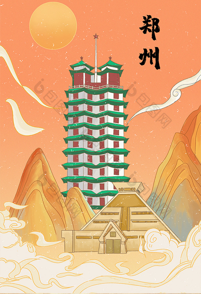 中国风国潮建筑风景手绘插画