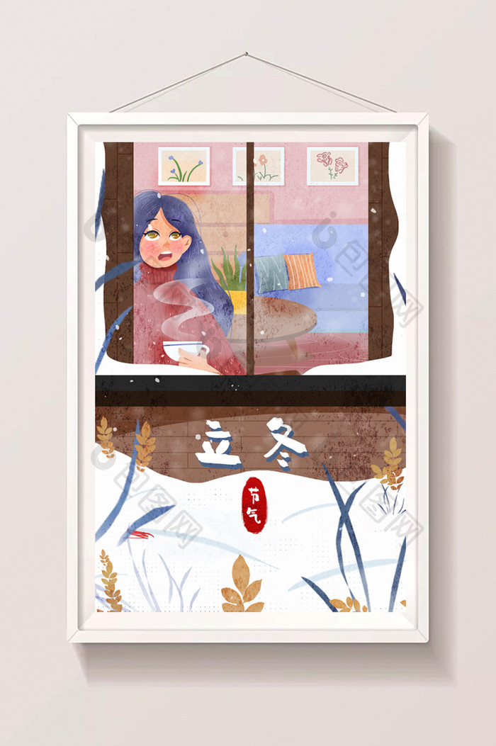 清新冬天冬季立冬节气雪天看雪的女孩插画