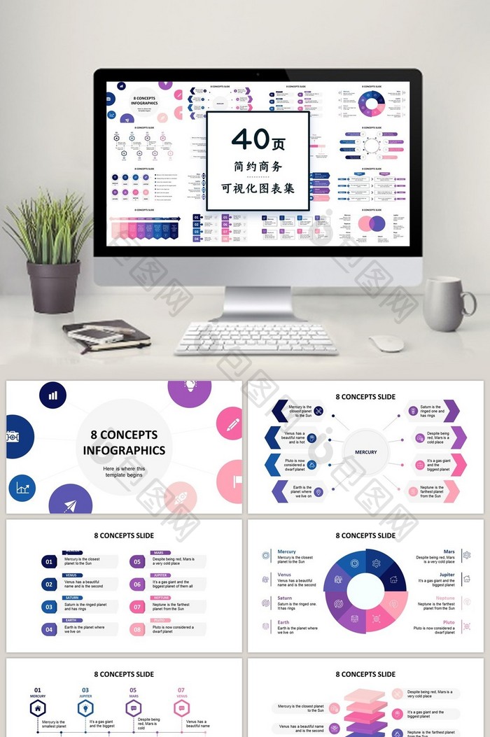 紫红色商务40页PPT图表合集