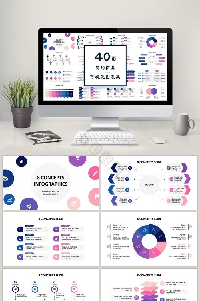 紫红色商务40页PPT图表合集图片