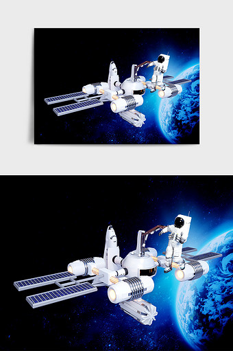 C4D宇航员在宇宙空间站外部工作场景效果图片