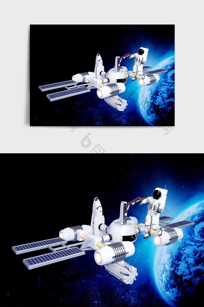 C4D宇航员在宇宙空间站外部工作场景效果