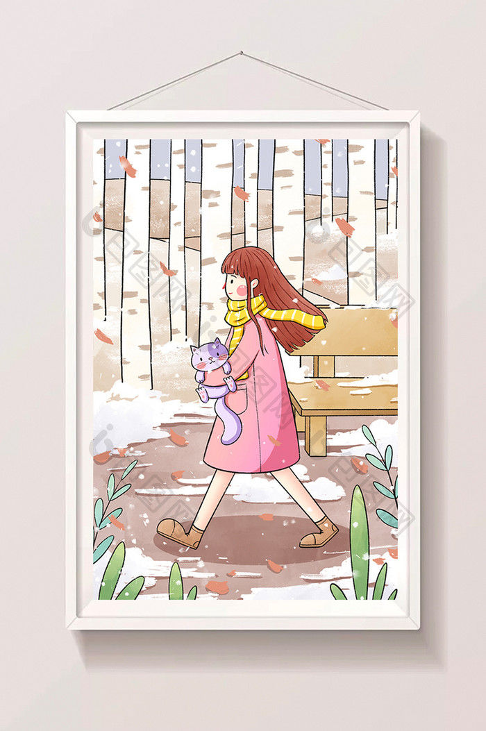 小雪女孩与猫咪手绘插画