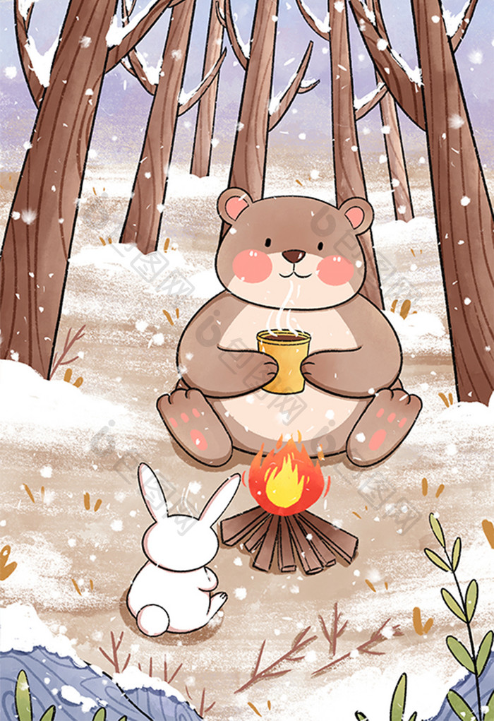 小雪节气小兔子与小熊一起烤火插画