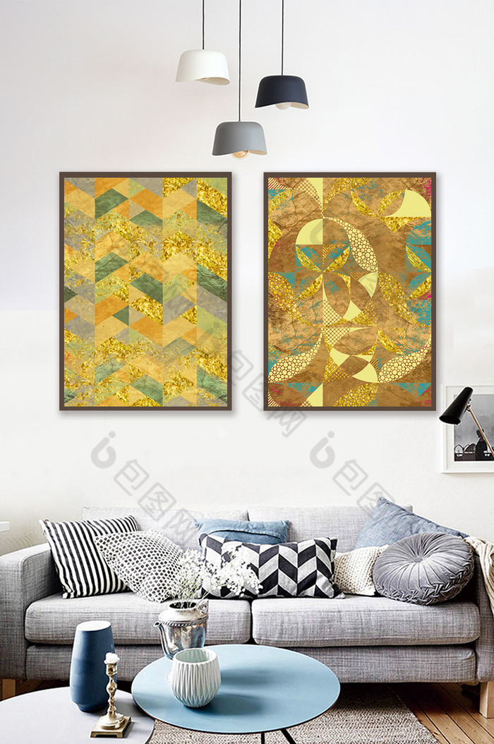 现代抽象臻金几何形状金箔双联装饰画图片图片