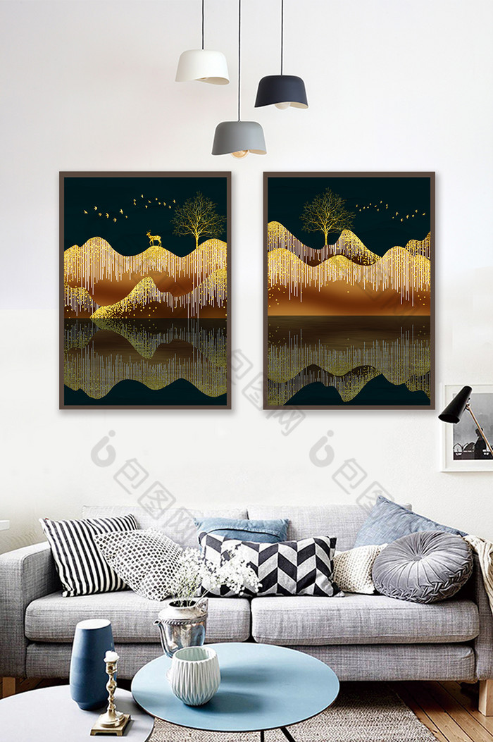 新中式轻奢臻金山水金色麋鹿晶贝装饰画图片图片