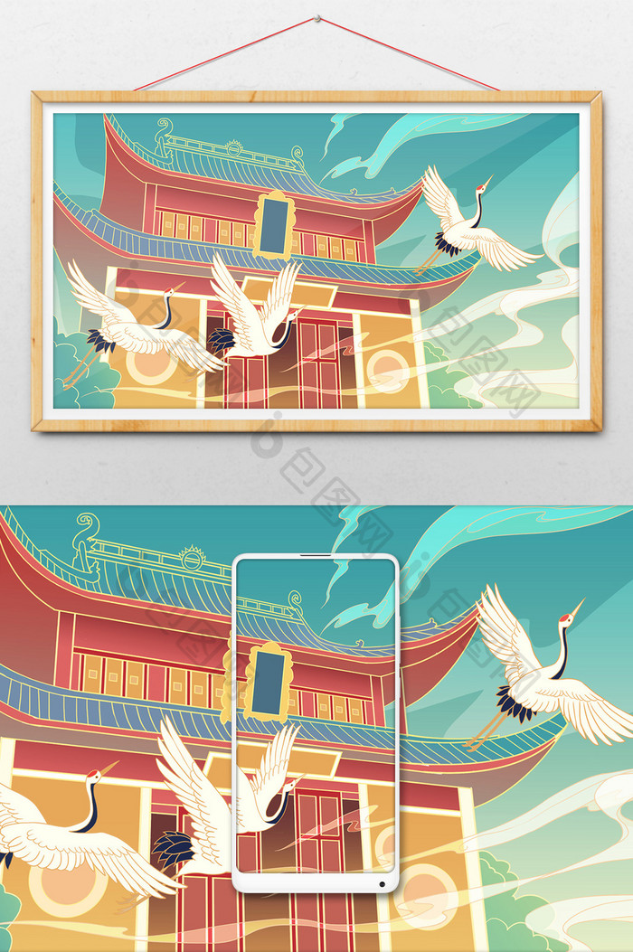 蓝色国潮中国风旅游春游寺庙仙鹤 建筑插画