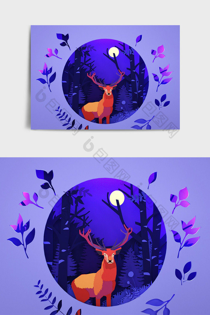 蓝紫色剪纸风森林麋鹿夜景主题C4D场景