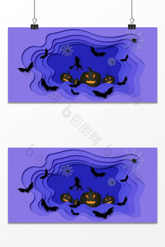 蓝色剪纸风蝙蝠南瓜万圣节背景图片