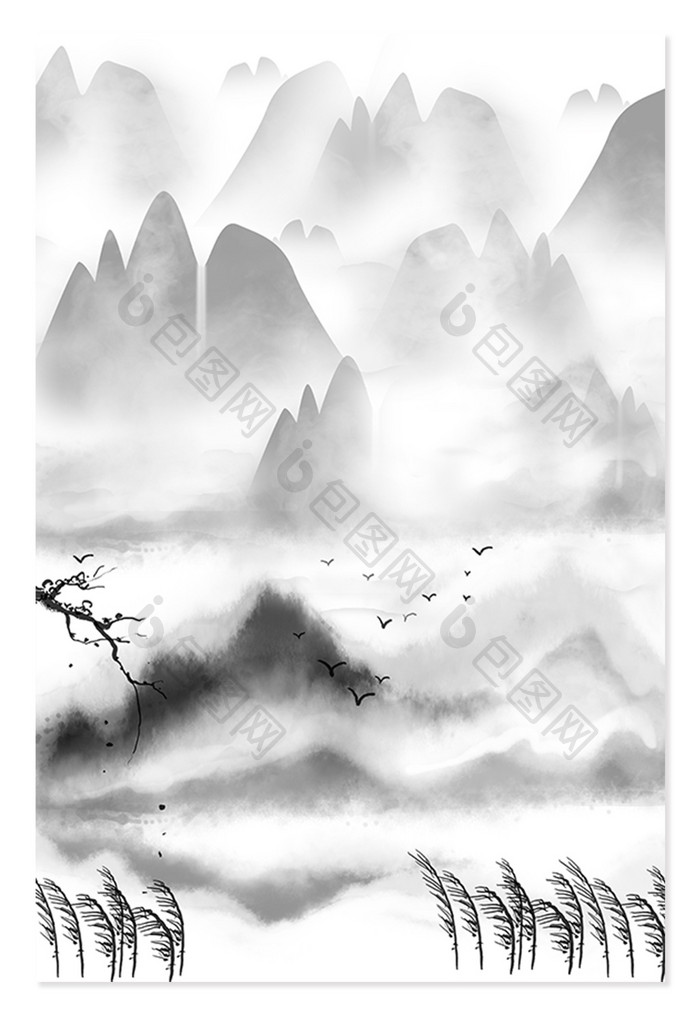 黑白水墨中国风山水冬季霜降背景