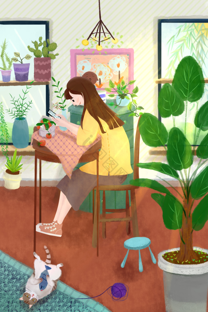 黄温馨小家绿植装修插画图片-包图网
