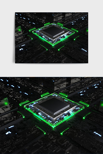 暗黑绿色发光科技金属芯片主题C4D场景图片