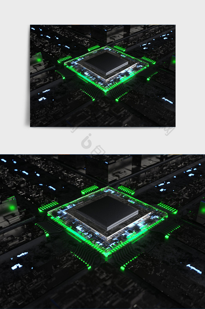 暗黑绿色发光科技金属芯片主题C4D场景