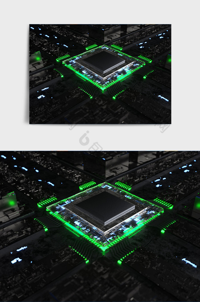 暗黑绿色发光科技金属芯片主题C4D场景图片图片