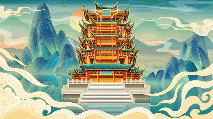 山水建筑黄鹤楼插画