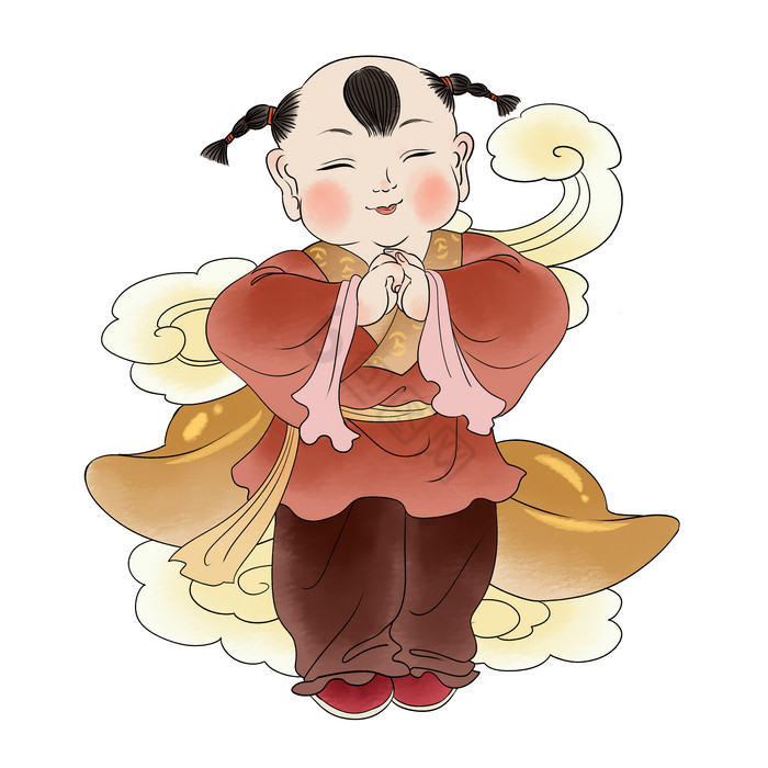 插画福娃年画娃娃福娃坐莲童子红色卡通男生年画娃娃福气满满可爱手机