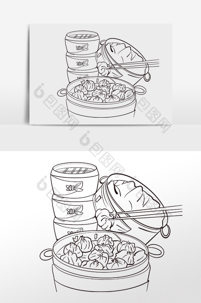 线描国风美食蒸饺