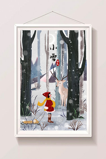 24节气小雪冬季女孩和林间的小鹿清新插画图片