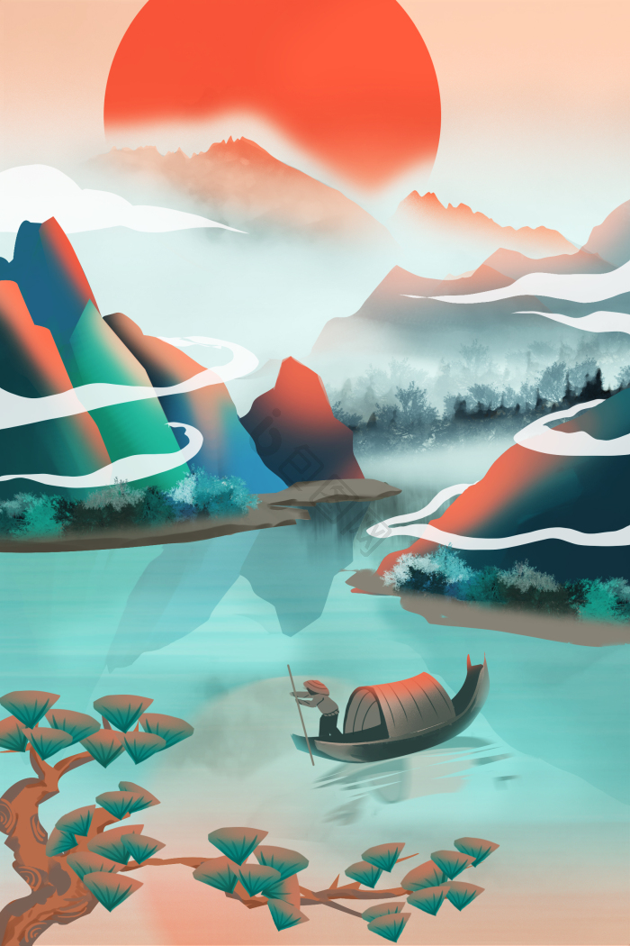 山水景色插画图片-包图网