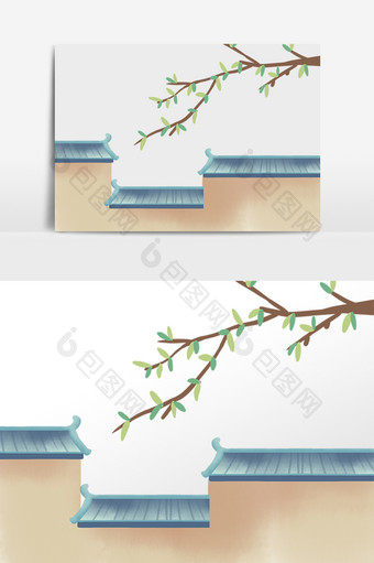 古风古代建筑房檐树枝图片