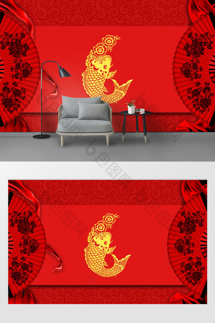 中式红色国潮扇子窗花电视背景墙图片图片