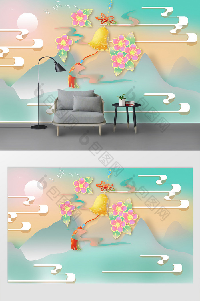 新中式剪纸风格水墨画铃铛电视背景墙图片图片