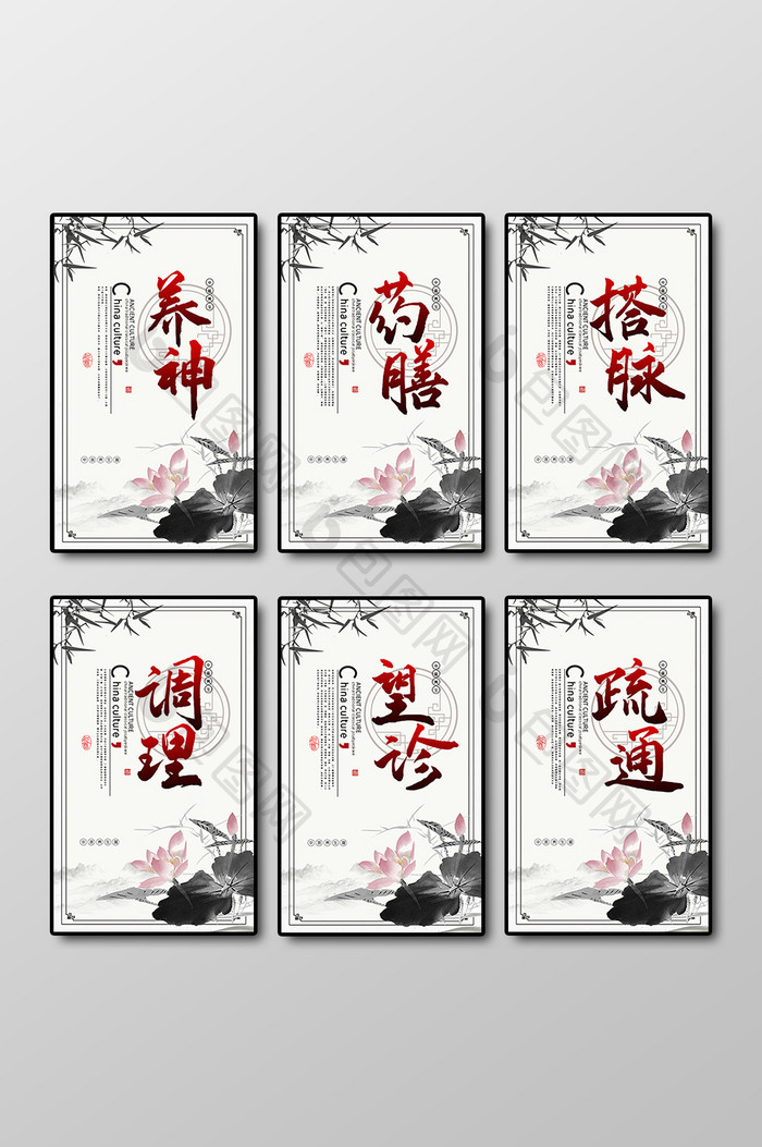 中国风水墨中医养生文化六件套展板