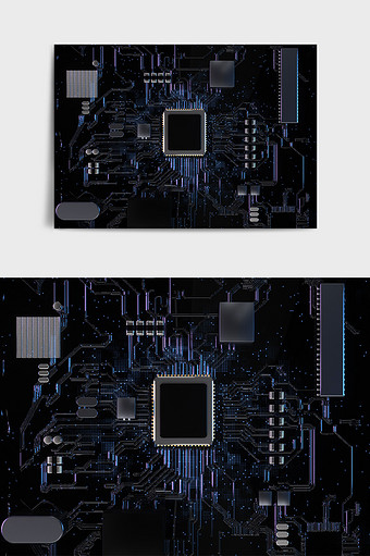 暗黑色系科技电路板金属芯片C4D创意场景图片