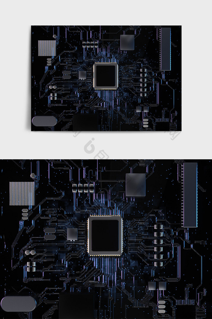暗黑色系科技电路板金属芯片C4D创意场景