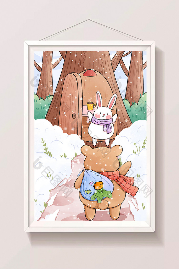 清新小雪立冬节气小熊与兔子插画