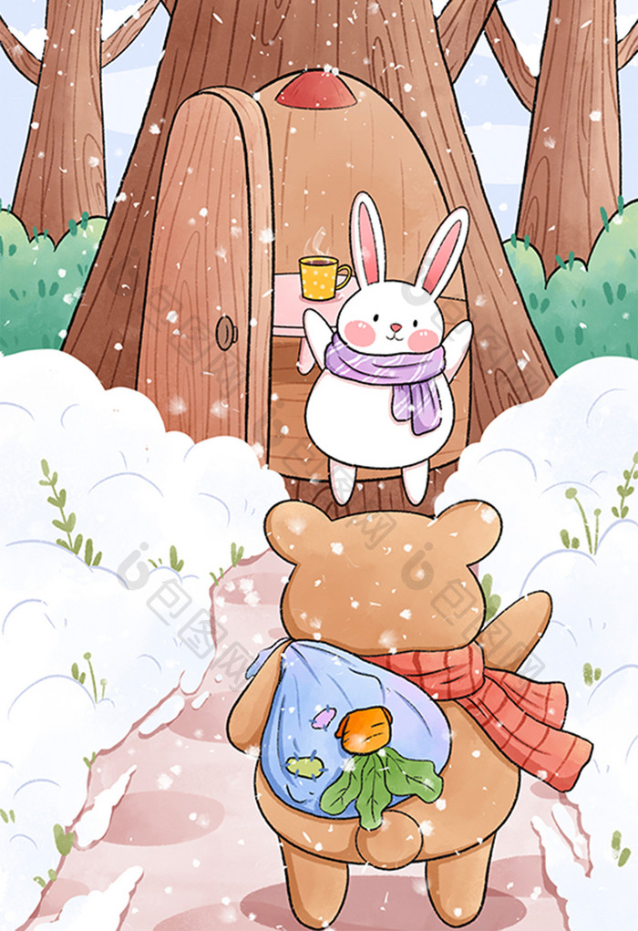 清新小雪立冬节气小熊与兔子插画