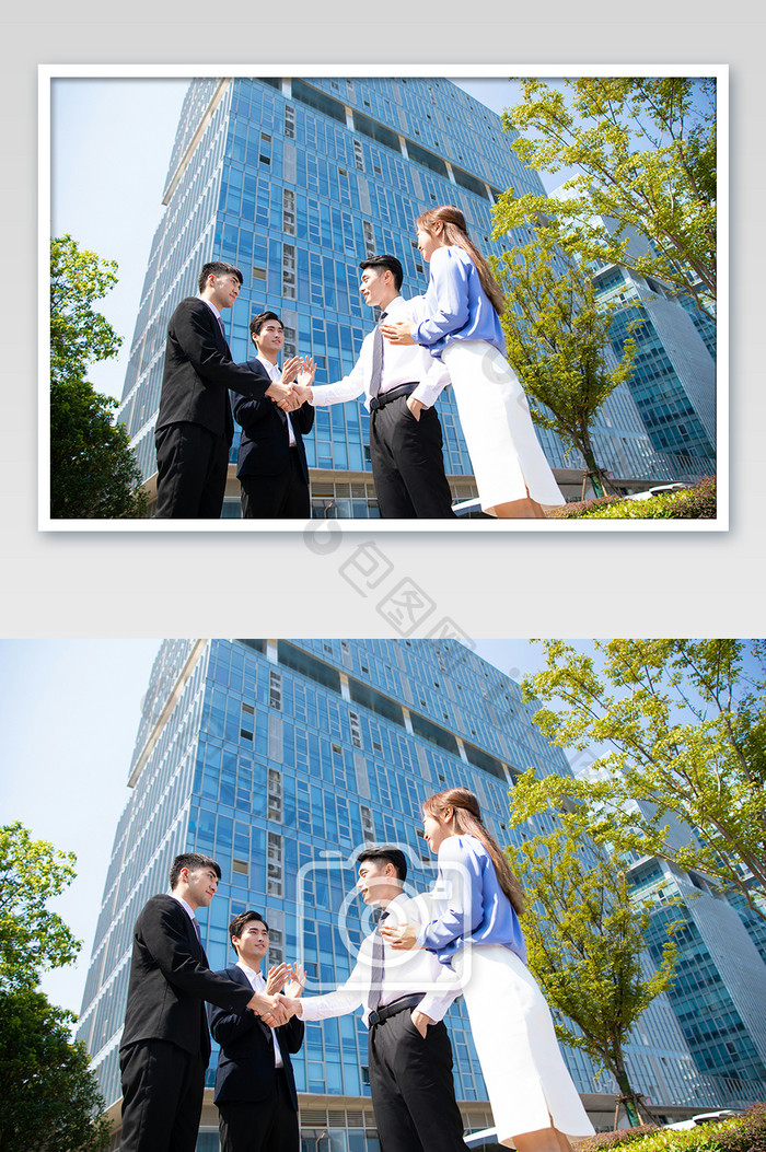 商务西装男女合作握手高楼大厦外摄影图