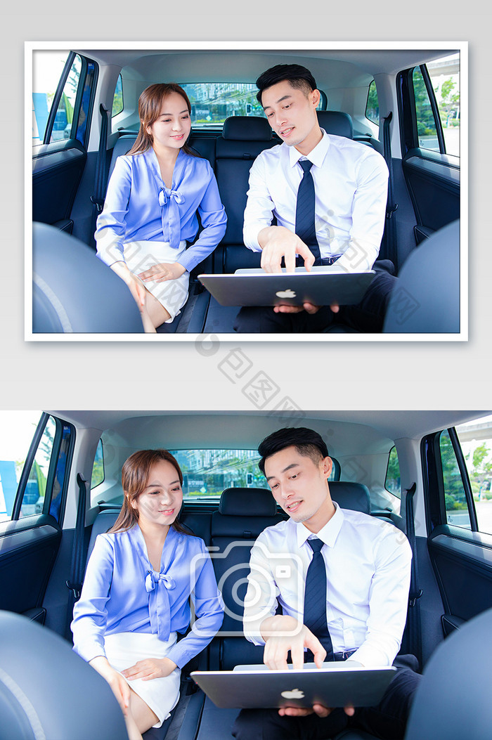 商务白领男女车内使用电脑谈论工作摄影图