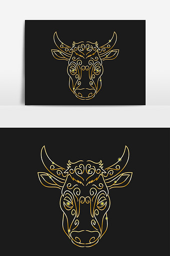 金色线描老牛牛头