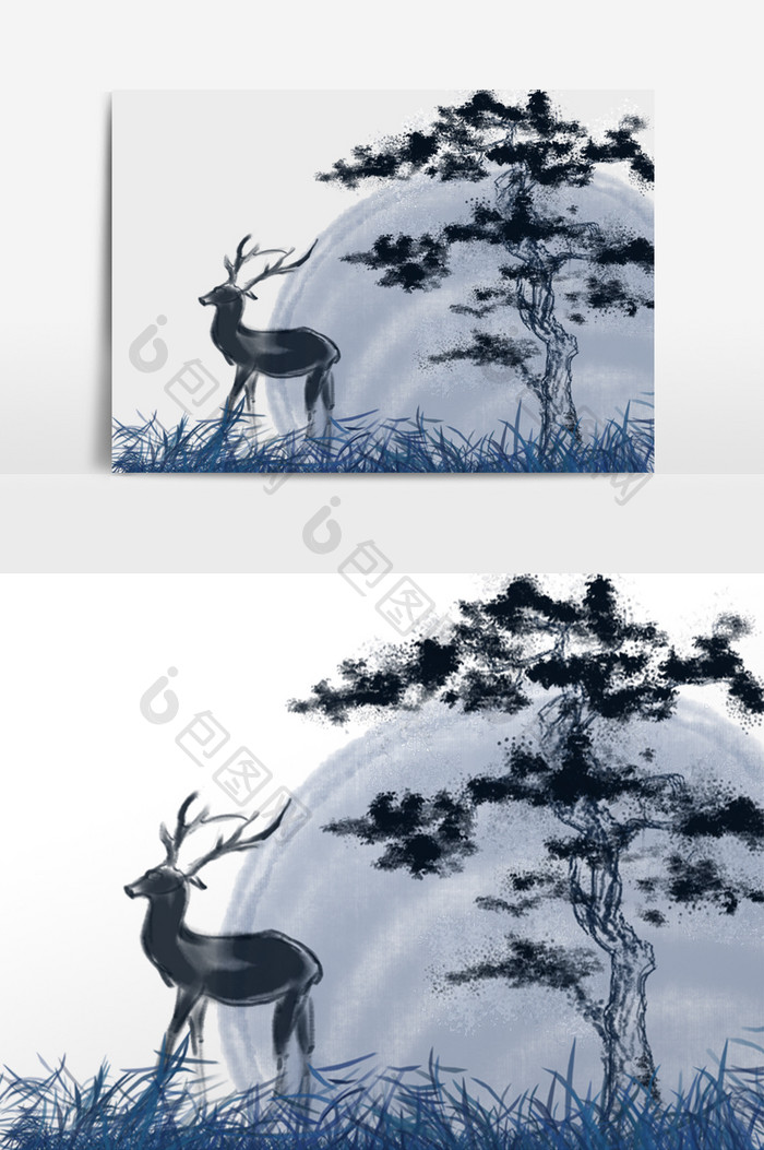 中国风水墨松树鹿