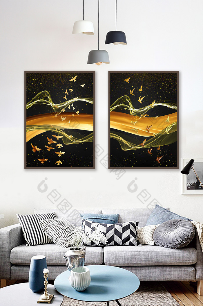 新中式抽象金色线条飞鸟双联客厅装饰画图片图片