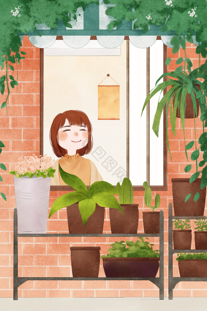温馨植物绿植阳台插画图片