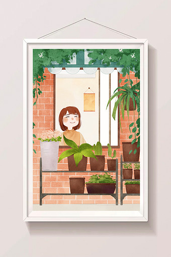 黄色温馨植物绿植阳台插画图片