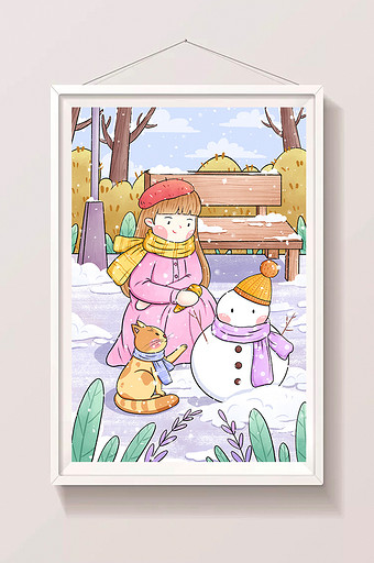 小雪节气女孩与猫咪堆雪人插画图片