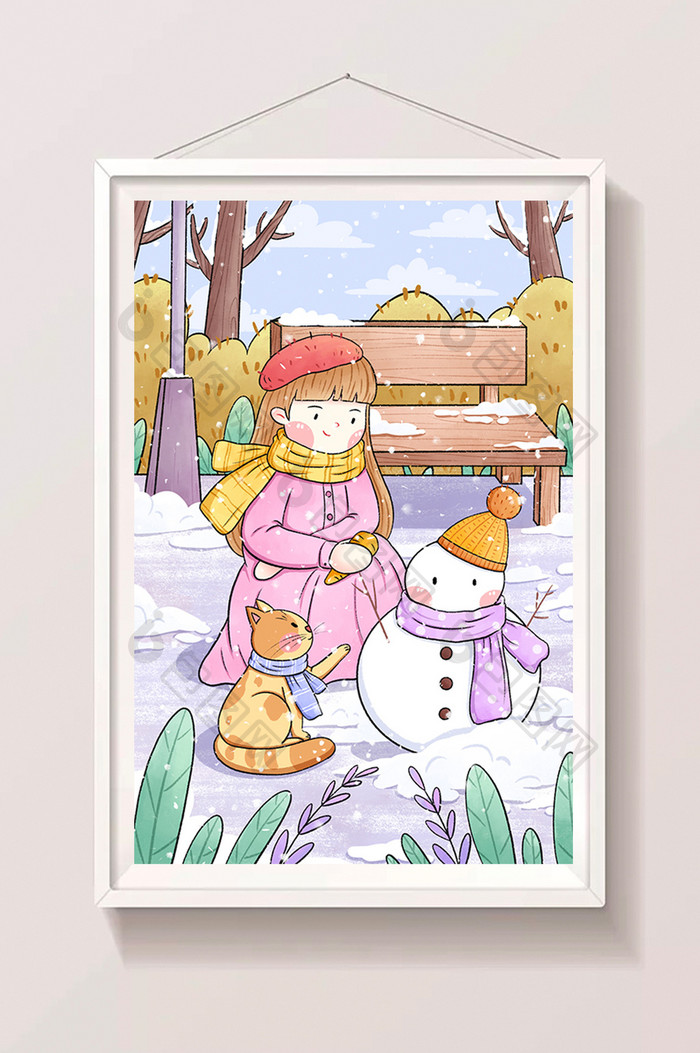 小雪节气女孩与猫咪堆雪人插画