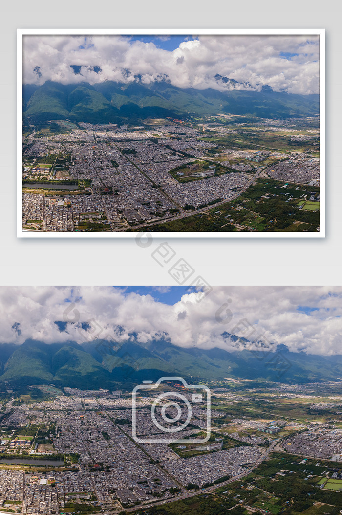 航拍大理洱海的古城的高空全景摄影图片