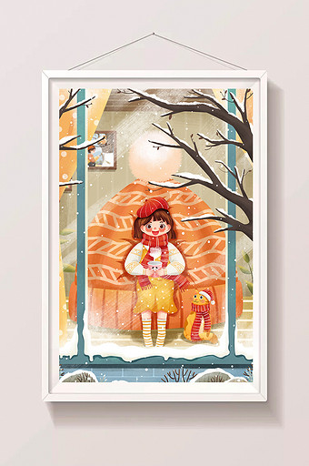 二十四节气小雪喝茶女孩与猫冬季插画图片