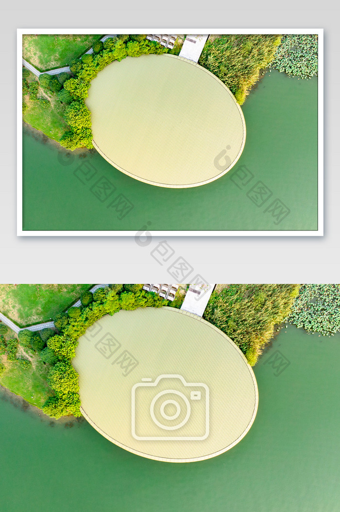 俯拍杭州湘湖跨河桥遗址博物馆广场摄影图片
