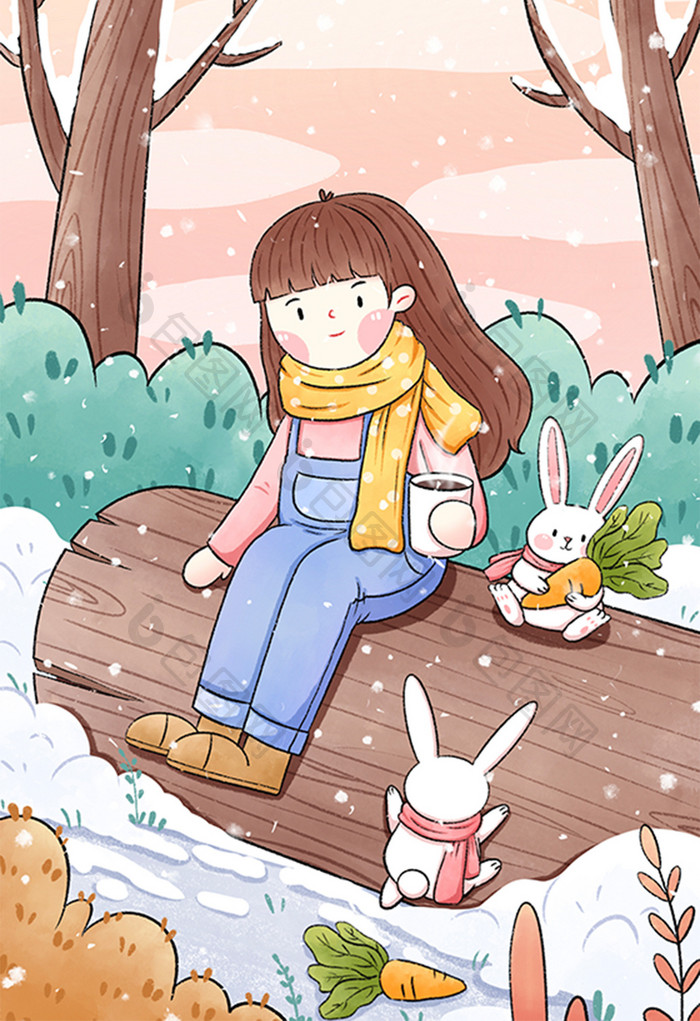 小雪节气女孩与兔子手绘插画