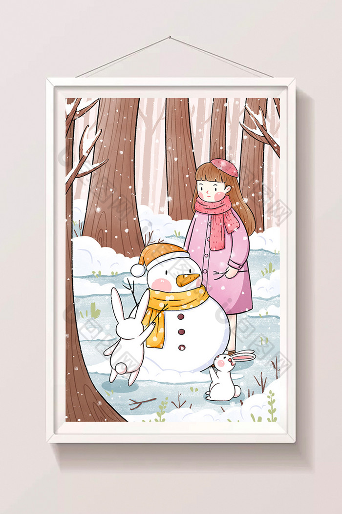 清新冬季小雪节气女孩堆雪人插画