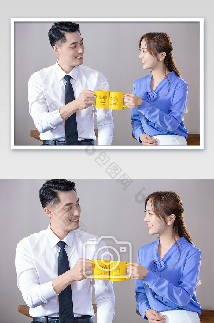商务气质白领男女办公室喝咖啡碰杯摄影图