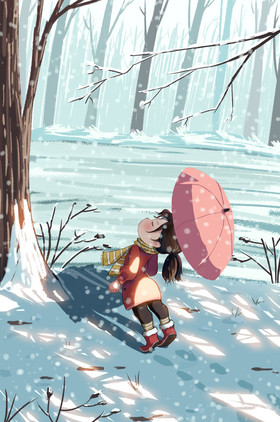 小雪 下雪打伞红衣小女孩 小雪插画