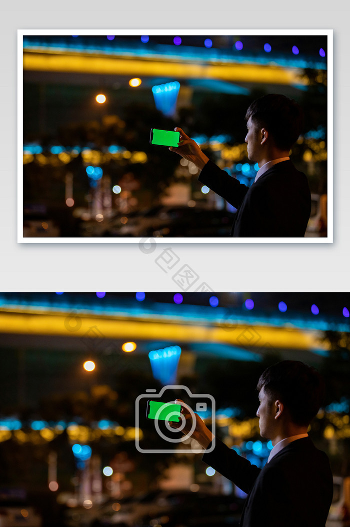 商务西装男绿屏手机拍摄夜景可做特效摄影图