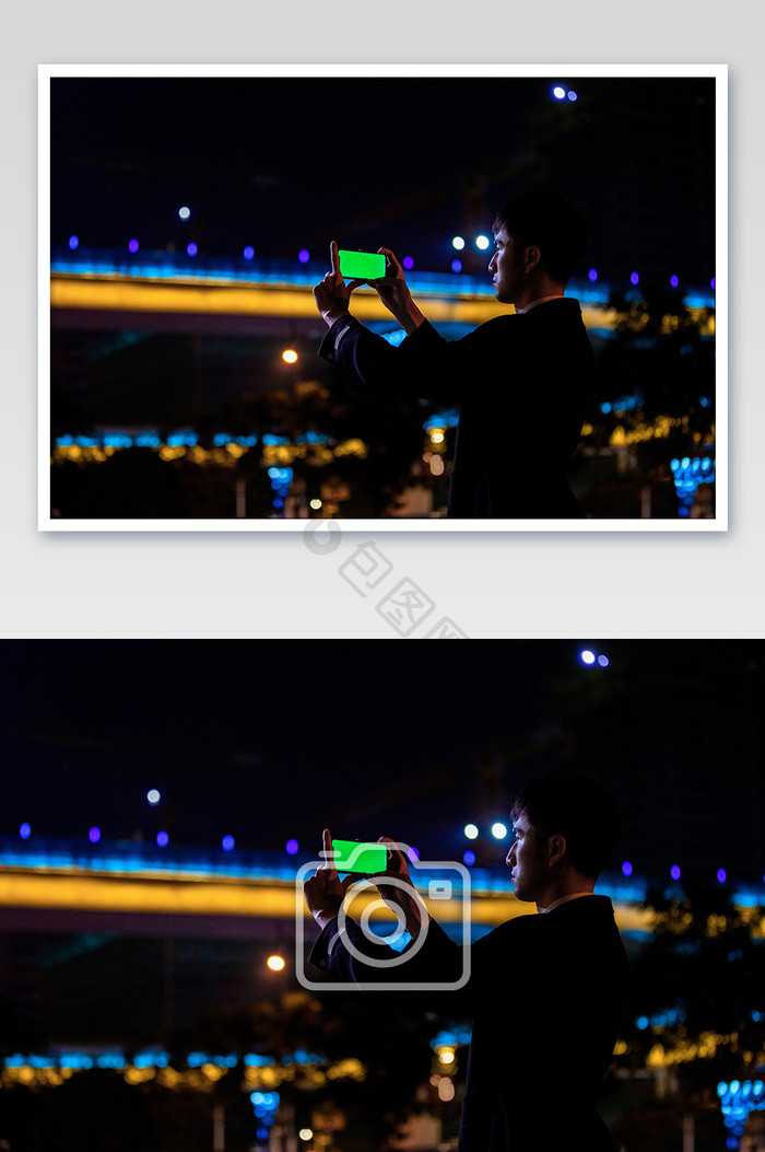 商务西装男手机拍摄绿屏画面夜景摄影图